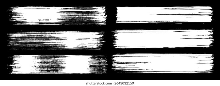 White grunge design elements. Vector chalk grunge hand drawn banners isolated on chalkboard bg. Paint roller, ink splash brush strokes. Grungy paint brush decoration. Distressed brushstrokes