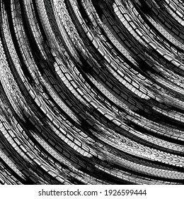 White grunge elements with tire tracks isolated on black background. Circle tire track silhouettes wallpaper