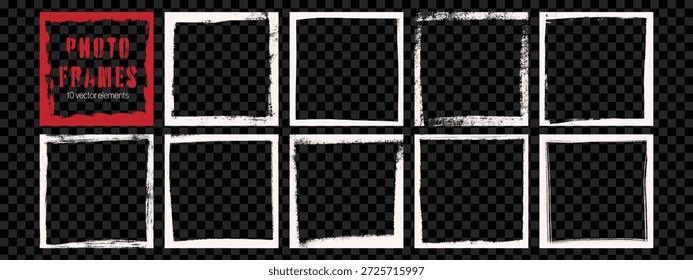 Weiße Grunge Rahmen Ränder Kollektion. Quadratische Foto-Overlays mit zerkratzten Kanten. Retro-Vorlagen für Collage, Poster