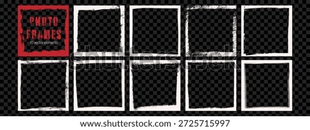 White grunge frame borders collection. Square photo overlays with scratched edges. Retro templates for collage, posters