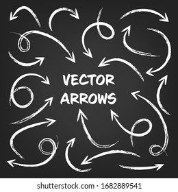 White grunge hand drawn arrows set on gray background. Arrow, cursor Icon. Vector pointers collection. 