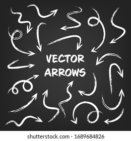 White grunge hand drawn arrows set on gray background. Arrow, cursor Icon. Vector pointers collection. 