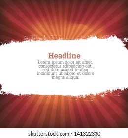 White grunge label on red sunburst background, vector