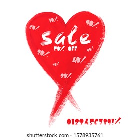 White grunge lettering "Sale" and geometric lettering "50% off" with a set of numbers from 0 to 9. Vector stock illustration on a hand-drawn red grunge heart on a white background.