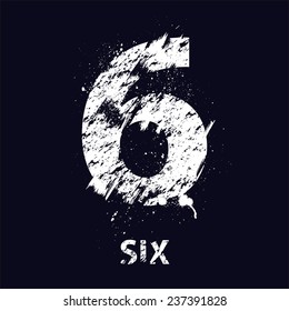 White grunge number six with ink blots. eps10