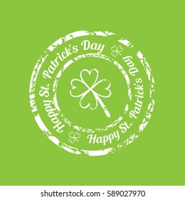 White grunge rubber stamp with clover and the text Happy St. Patrick's Day written inside.Green background.vector illustration