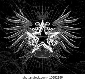 White Grunge Star & Wings On Black Background