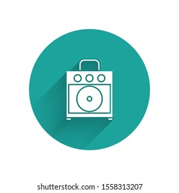 White Guitar amplifier icon isolated with long shadow. Musical instrument. Green circle button. Vector Illustration