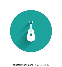 White Guitar icon isolated with long shadow. Acoustic guitar. String musical instrument. Green circle button. Vector Illustration