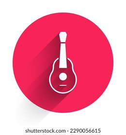 White Guitar icon isolated with long shadow. Acoustic guitar. String musical instrument. Red circle button. Vector