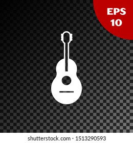 White Guitar icon isolated on transparent dark background. Acoustic guitar. String musical instrument.  Vector Illustration