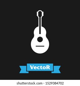 White Guitar icon isolated on black background. Acoustic guitar. String musical instrument.  Vector Illustration