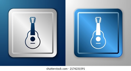 White Guitar icon isolated on blue and grey background. Acoustic guitar. String musical instrument. Silver and blue square button. Vector