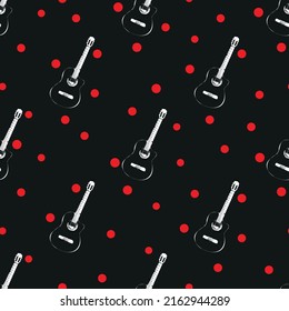 White guitar outlines in rows on a black background with red polka dots. Seamless repeat vector pattern. Great for fashion, textiles, surface textures, giftwrap, wallpaper.