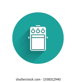 White Guitar pedal icon isolated with long shadow. Musical equipment. Green circle button. Vector Illustration
