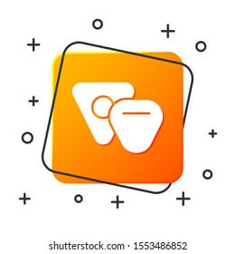 White Guitar pick icon isolated on white background. Musical instrument. Orange square button. Vector Illustration