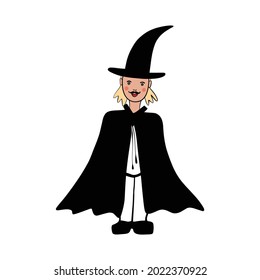 White guy with a mustache in a fancy dress of a wizard, a character for a children's book, a magazine in a raincoat and hat. Vector illustration in cartoon style 
