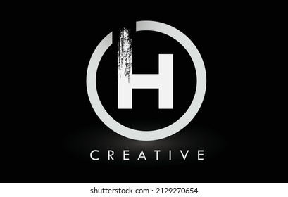 White H Brush Letter Logo Design with Black Circle. Creative Brushed Letters Icon Logo.