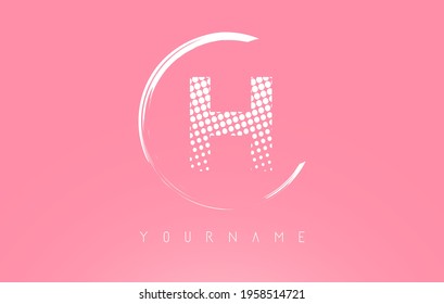 White H letter logo design with golden dots and white circle frame on pink background. Creative vector illustration with pink background and letter H.