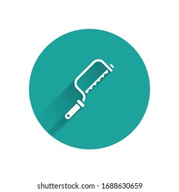 White Hacksaw icon isolated with long shadow. Metal saw for wood and metal. Green circle button. Vector Illustration