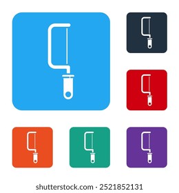 White Hacksaw icon isolated on white background. Metal saw for wood and metal. Set icons in color square buttons. Vector Illustration