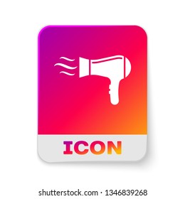 White Hair dryer icon isolated on white background. Hairdryer sign. Hair drying symbol. Blowing hot air. Rectangle color button. Vector Illustration