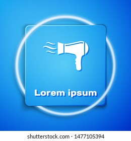 White Hair dryer icon isolated on blue background. Hairdryer sign. Hair drying symbol. Blowing hot air. Blue square button. Vector Illustration