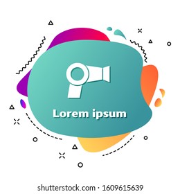 White Hair dryer icon isolated on white background. Hairdryer sign. Hair drying symbol. Blowing hot air. Abstract banner with liquid shapes. Vector Illustration