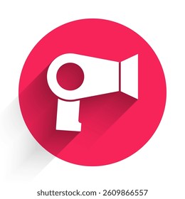 White Hair dryer icon isolated with long shadow. Hairdryer sign. Hair drying symbol. Blowing hot air. Red circle button. Vector