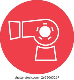 White hair dryer icon on red circular background in flat minimal style
