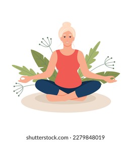 White hair woman siting in meditating pose in nature and leaves. Yoga, meditation, relax, retreat, healthy lifestyle concept. Vector illustration in flat cartoon style