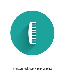 White Hairbrush icon isolated with long shadow. Comb hair sign. Barber symbol. Green circle button. Vector Illustration