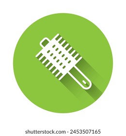 White Hairbrush icon isolated with long shadow. Comb hair sign. Barber symbol. Green circle button. Vector