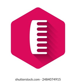 White Hairbrush icon isolated with long shadow. Comb hair sign. Barber symbol. Pink hexagon button. Vector Illustration