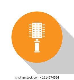 White Hairbrush icon isolated on white background. Comb hair sign. Barber symbol. Orange circle button. Vector Illustration