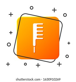White Hairbrush icon isolated on white background. Comb hair sign. Barber symbol. Orange square button. Vector Illustration