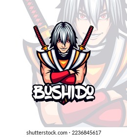 White Haired Bushido Ronin Samurai Mascot Illustration