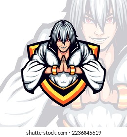 White Haired wearing White Kimono Prayer Vector Mascot