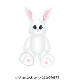 White Hairy Rabbit With Pink Ears. A Soft Toy. To Decorate Easter, Birthday Cards, Book Pages, Etc.