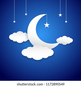 White half moon, clouds and stars in the night as paper art and craft style concept. Illustration on blue background.