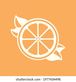 White half slice citrus fruit with leaves outline silhouette on orange background. Simple flat modern clip art logo icon element vector illustration design.