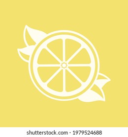 White half slice citrus fruit with leaves outline silhouette on yellow background. Simple flat modern clip art logo icon element vector illustration design.
