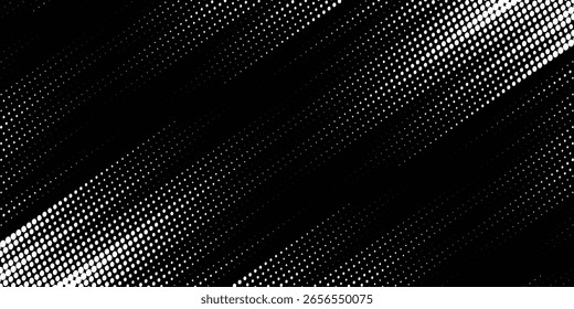 Diseño de Plantilla de Anuncio semitono blanco con estilo de líneas de velocidad abstractas. Patrón de color blanco semitono con puntos y fondo de textura grunge. Cómic de arte Pop con estilo deportivo con puntos blancos y negros