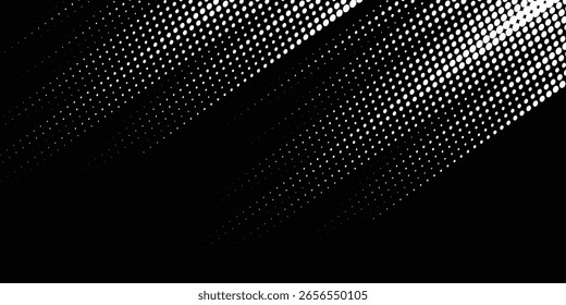 Diseño de Plantilla de Anuncio semitono blanco con estilo de líneas de velocidad abstractas. Patrón de color blanco semitono con puntos y fondo de textura grunge. Cómic de arte Pop con estilo deportivo con puntos blancos y negros