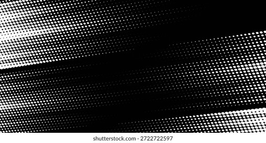 Diseño de Plantilla de Anuncio semitono blanco con estilo de líneas de velocidad abstractas. Patrón de color blanco semitono con puntos y fondo de textura grunge. Cómic de arte Pop con estilo deportivo con puntos blancos y negros