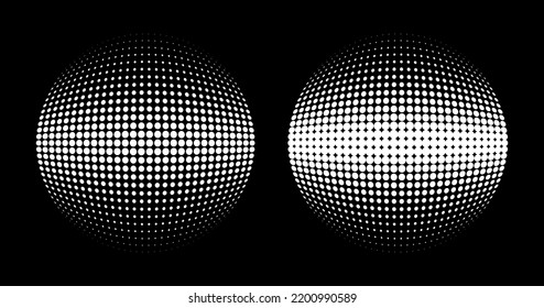 White halftone circle dots 3d sphere. Logo emblem design element for medical, treatment, cosmetic. Globe icon using halftone circle dots raster texture. Vector illustration.