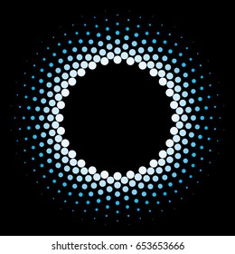 White Halftone circle frame vector design element on black background. Halftoned Dots Flash Light With Fade Effect of Halo. Optical Illusion of Half Tone Spirograph Flower.