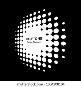 White halftone circle perspective frame abstract dots logo emblem design element for technology, medical, treatment, cosmetic. Round border Icon using halftone circle dots raster texture. Vector.