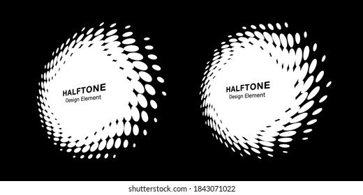 White halftone circle perspective frame abstract dots logo emblem design elements for technology, medical, treatment, cosmetic. Round border Icon using halftone circle dots raster texture. Vector set.