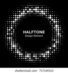 White Halftone circle vector frame with black abstract random dots, logo emblem design element for technology, medical, treatment, cosmetic. Round border Icon using halftone circle dots raster texture